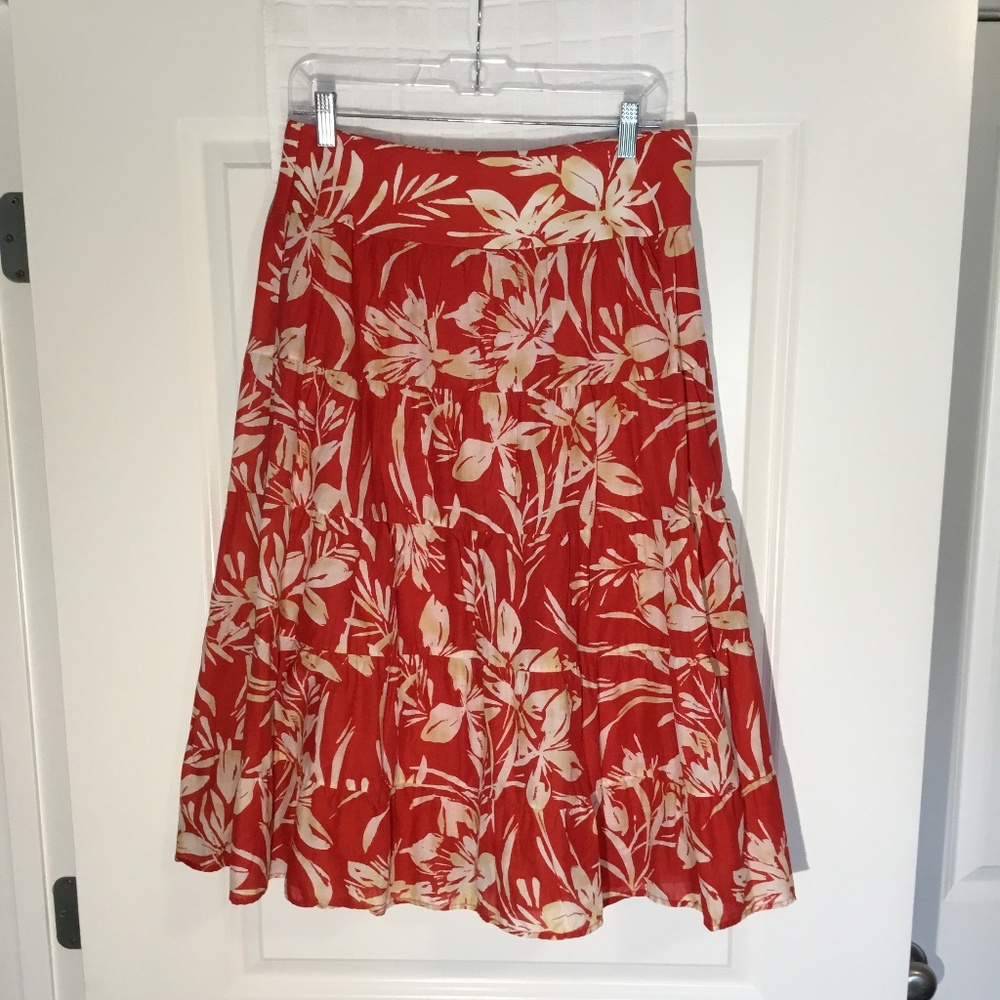 Jones New York Signature Petite Lined Flared Panels Floral Skirt Coral/ White 4P
